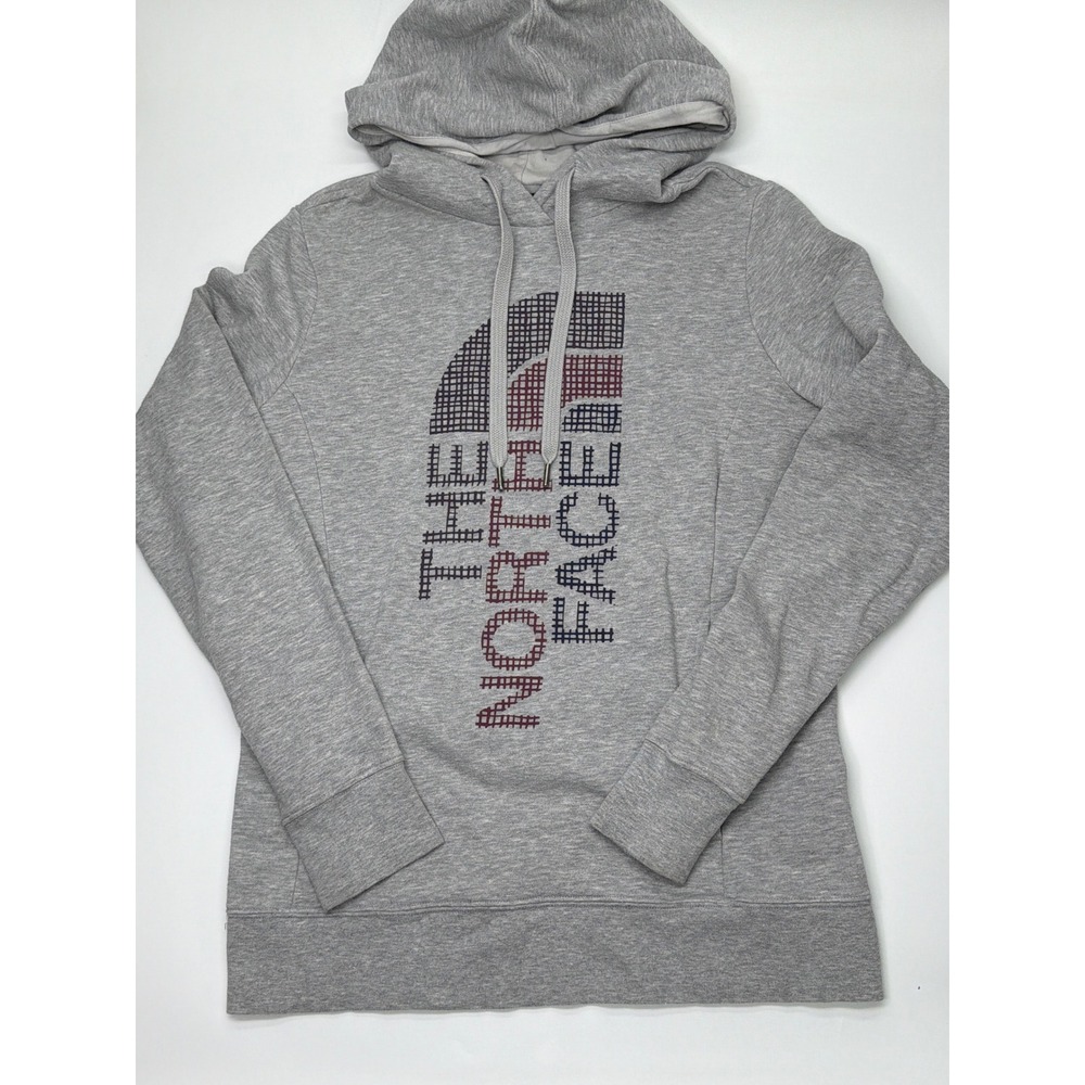 The North Face Womens Grey Cross Stitch Logo Pullover Hoodie Sweatshirt Medium